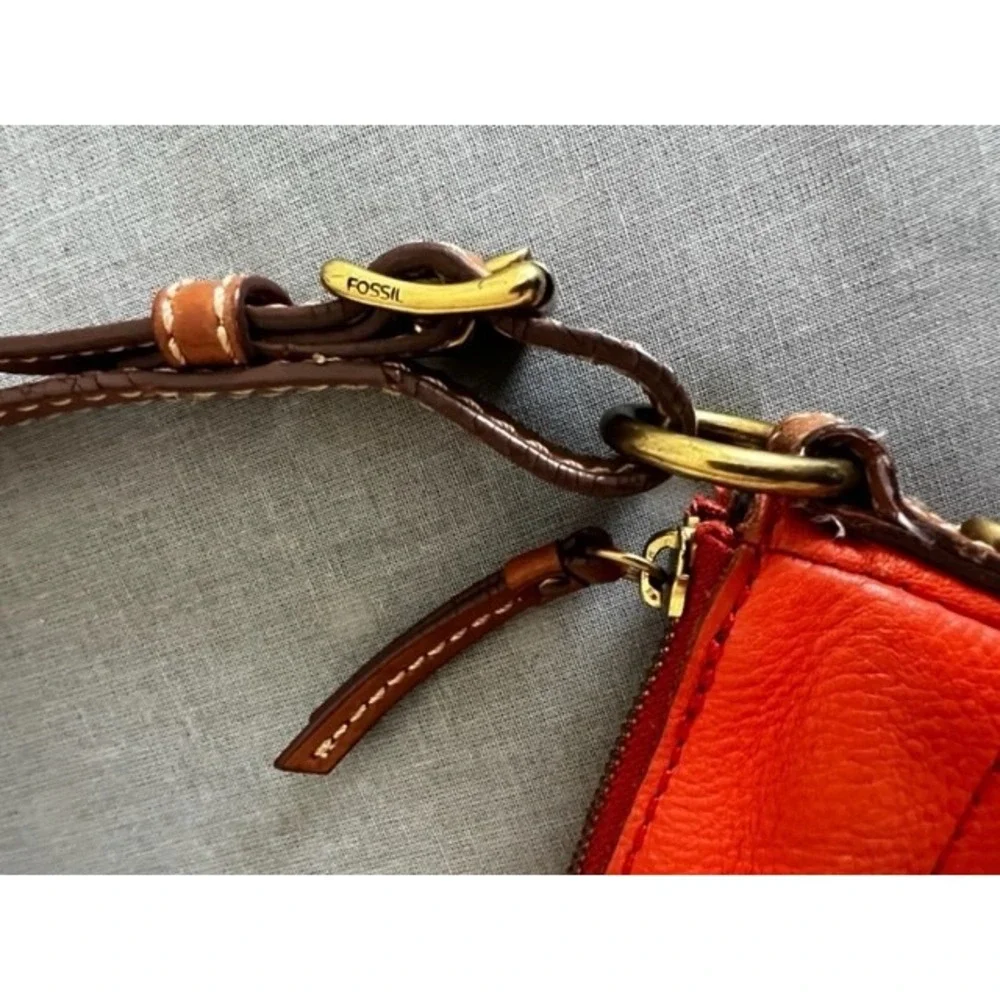 Fossil Explorer Orange Pebbled Leather Hobo Shoulder Bag  Leather Shoulder Strap